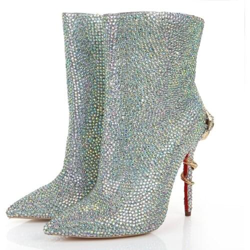 Womens Short Boots Toe Crystal Short Boots Rhinestone Ladies Pumps Bridal Wedding Cocktail Shoes Snake Shaped Metal Decoration