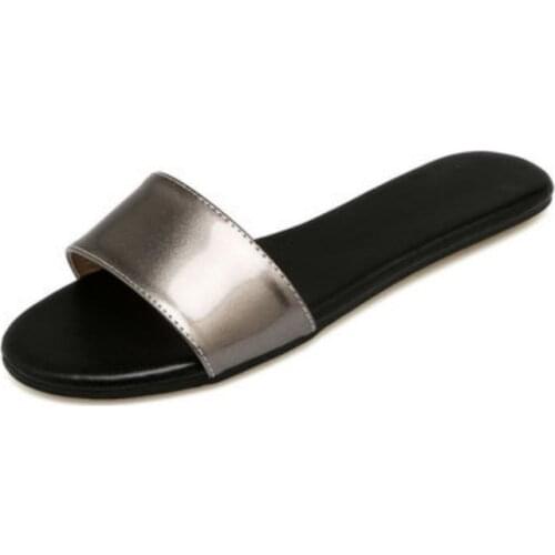 Women Silver Bling Slippers Sewing Flat Slides Summer Season Shoes Big Size 47-33 Gun Black Simple Footwear Light Shoes Open Air