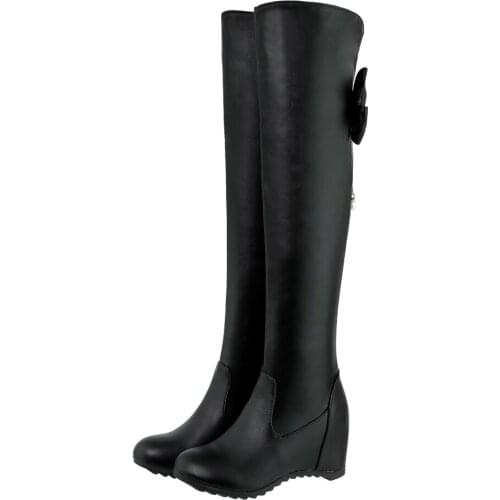 Wedge Heel Heightening Autumn And Winter Womens Boots Bowknot Tassel V-Neck Knee-Length Boots, Flock Thermal Shoes