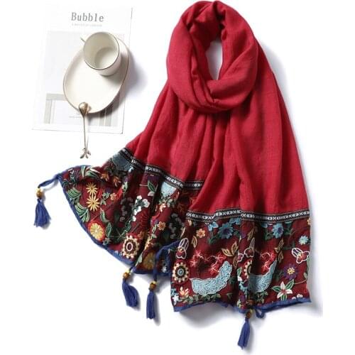 Women Cotton Scarf Hijab Floral Embroidery Foulard Pashmina Shawls Wraps Soft Tassel Muslim Head Scarves 2020 Fashion