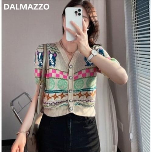 2021 Newest Summer Women V Neck Single-Breasted Knitted Cardigan Short Sweater Students Embroidery Cartoon Loose Tops Female