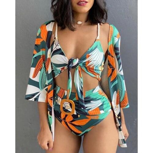 2020 Women Fashion Plant Print Bikini With Cover Up V-Neck Beachwear High Waist Sexy Bikini Seaside Cover Up Set