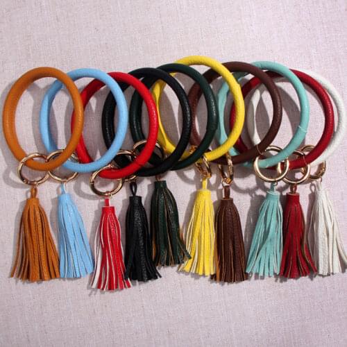Flatfoosie Hot Sale PU Leather Tassel Big Circle Key Chain Women Wristlet Keychain Girl Key Ring Wrist Strap Accessories Gifts