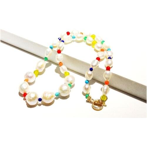 Lii Ji Baroque Pearl Colorful Natural Stone White Freshwater Pearl Copper Gold Plated Necklace Fashion Bohemia Necklace 46cm