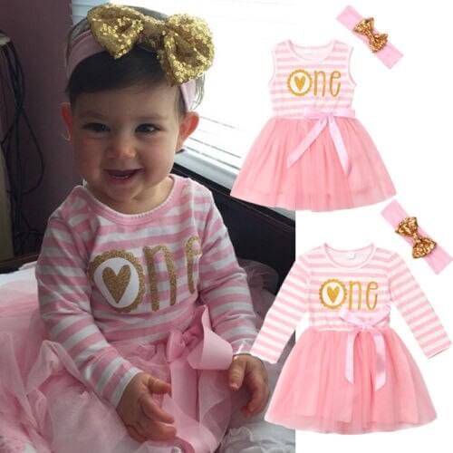 My 1st Birthday Kid Baby Girl Pink Bow knot Princess Dress for Newborn Baby Girl Infant Children Clothes Kid Clothing