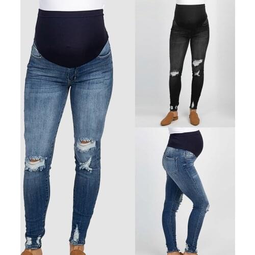 Jeans Maternal For Pregnant Women Solid Color Hole High Jeans Flares Ankle Fashion Maternity Pants Trouser Jeans Embarazada