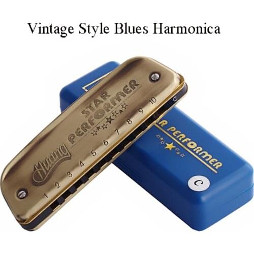 Vintage Style Blues Harmonica Golden 10 Holes C Key Mouth Organ Wind Musical Instrument Kids Beginners Adults Gifts