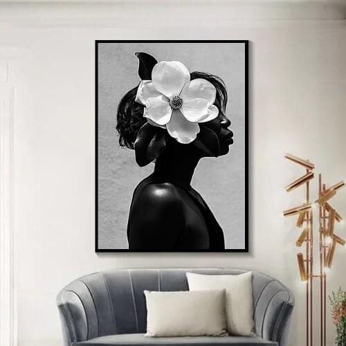 Black and White Picture Women There is a White Flower on the Head Canvas Painting Wall Art Poster Printing for Living Room Home