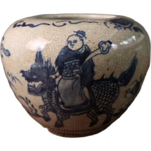 Chinese Old Porcelain Cracked Glaze Blue And White Kirin Son Sending Pattern Pot