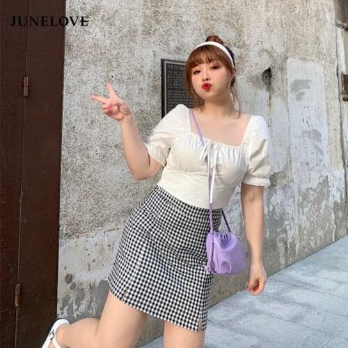 Summer Plus Size Two Pieces Sets Vintage Square Collar Blouse+High Waist Plaid Bodycon Skirts Casual Lady Suits