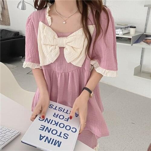 Big Bow Summer Home Suit Women Pink Kawaii Pajamas Set Korean Loose Cotton Vintage Homewear Sleepwear Short Sleeve Shirts