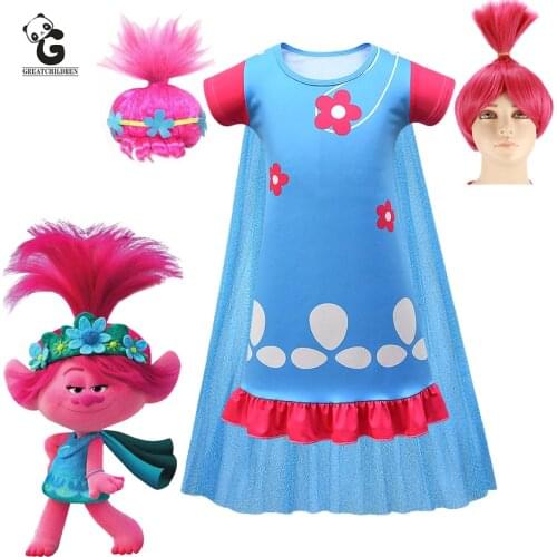 Trolls Poppy Dress for Girls Trolls Poppy Costumes Kids Dresses Halloween Costumes for Kids Cloak Carnaval Fancy Dress Girl Wig