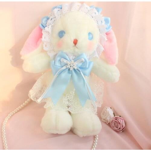 Cute Lolita Girl Rabbit Bear Plush Hangbag Handmade Shoulder Bag Bow Lace Trim Small Purse Bag Pearl Strap Little Bag Light Blue