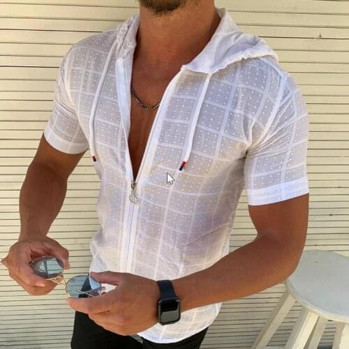 Fashion Mens T-shirt Short-Sleeved Zipper Hoodies Tshirt Summer Mens Fitness Sportswear Solid Color T shirt For Men MY385