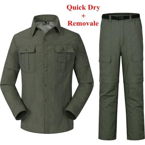 Men Quick Dry Removable Breathable Hiking Shirts & Pants Spring Summer Outdoor Clothing Set Windproof UV Protect Clothes RM046