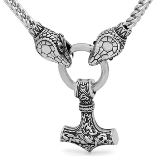 Men stainless steel viking oidn wolf head with thor hammer MJOLNIR pendant necklace -Dragon Chain