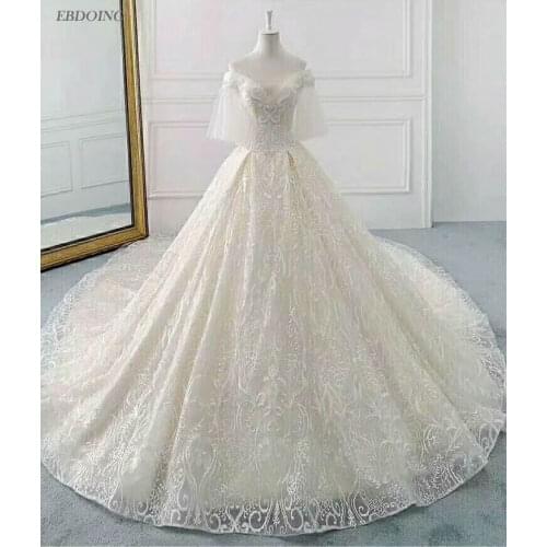 Real Photo Vestidos De Novia A-Line Wedding Dress Boat Neck Short Sleeves Plus Size Royal Train Lace Up With Beading Embroidery