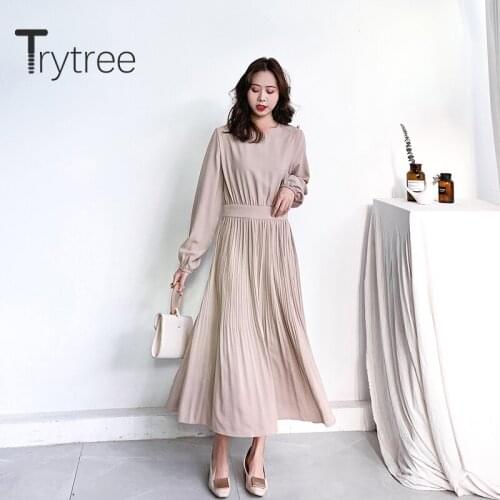 Trytree 2020 Spring Autumn Dress Women Casual O-neck Solid Fashion Elegant Temperament 2 Color Mid-Calf Pleated A-line Dress