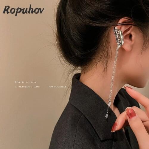 ROPUHOV 2021 Korean Trendy Flash Diamond Tassel Single Earring Long Metal Ear Bone Clip Chain Personality No Ear Hole Ear Clip