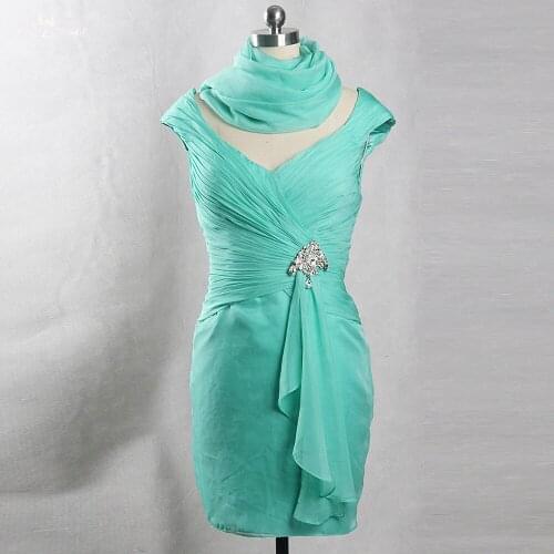 RSE844 Mint Green Chiffon Short Skirt V Neckline Cap Sleeves Robe Mere De La Mariee Marraine