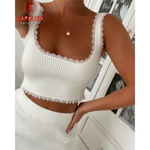 Sexy Women Solid Color 2 Piece Set for Summer Lace Decor Square Collar Sleeveless Slim Short Tanks+Elastic Waist Slim Hip Skirts