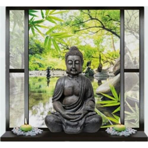 Buddha Statue fake window stickers garden clear water 3d wall art vinyl mural home decoration scenery poster wallpaper 70*50cm