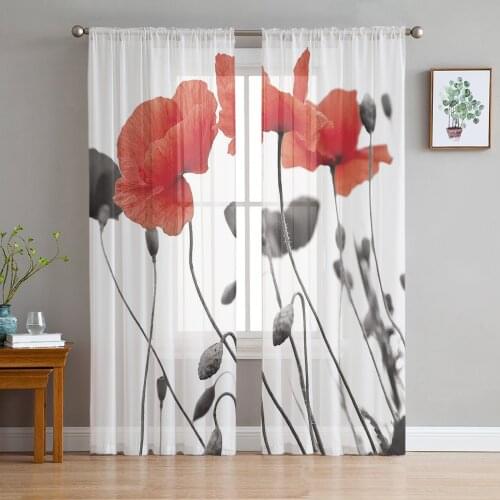 Red Poppy Flower Tulle Curtains For Living Room Bedroom Transparent Tulle Curtains Window Drapes Sheer Curtain