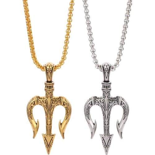 Vintage Neptune Poseidon Trident Pendant Necklace Ancient Greece Amulet Necklace Men Lucky Charm Fashion Jewelry Gift for Sailor