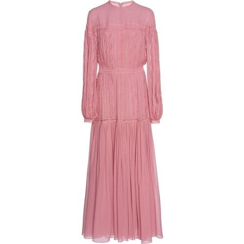 High Quality 2021 New Fashion Pure Color Chiffon Lace Stitching Lantern Type Long Sleeve Round Neck Slim Temperament Woman Dress