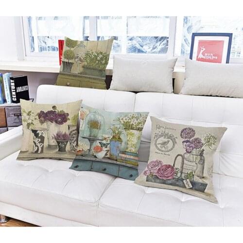 High Qualtity Western Style Vintage Flower Vase New Home Decorative Cushion Sofa Throw Pillow Square Cojines Cotton Linen Fundas