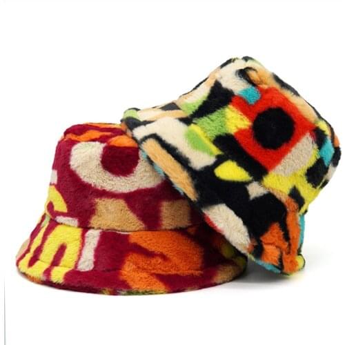 Winter Letter Print Faux Fur Bucket Hats For Women Outdoor Warm Sun Hat Fluffy Velvet Fisherman Cap Lady Fashion Panama