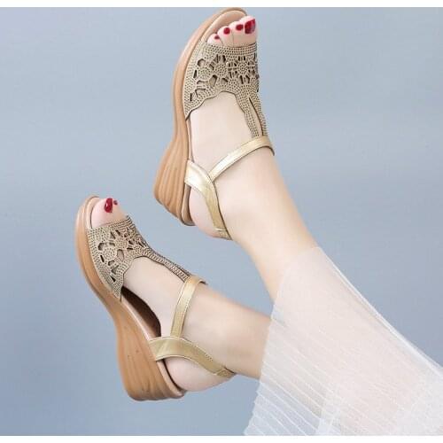 Woman Sandals 2020 Summer Shoes Women Wedges T Strap Sandal Bling sandalias mujer Cut-outs Dress Shoes Female Gold Black 8283N
