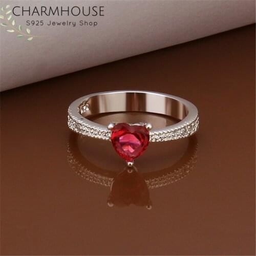 Charmhouse Pure 925 Silver Rings For Women Red Heart Zirconia Engagement Ring Size 8 Wedding Band Fashion Jewelry Bague Anillo