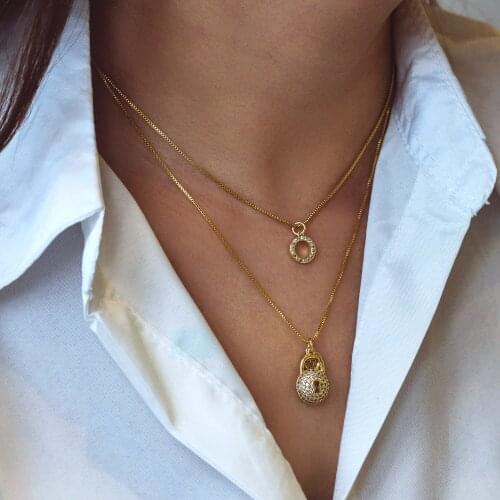 2021 Classic Key Lock Circle Women Necklace Gold Color Pave Cubic Zirconia Pendant Necklace For Women Jewelry Gift