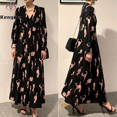 2021Spring Summer Plus Size XL- 5XL Women Dresses Black Print Abstract Pattern V-Neck Ladies Vestidos Maxi-Long Dresses KE1013