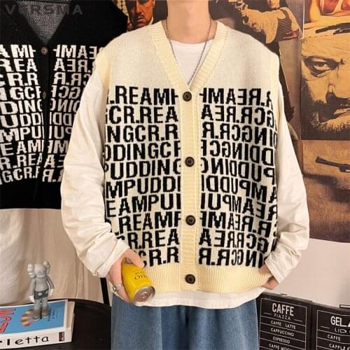 VERSMA Japanese Retro Letter Print V-neck Vest Waistcoat Men Hip Hop Knitted Designer Sweater Cardigan Women Blouse Dropshipping