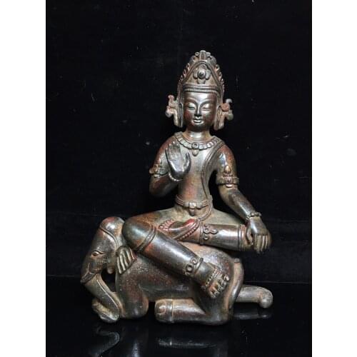 10" Tibet Buddhism Old Bronze Cinnabars Samantabhadra Buddha statue Guanyin riding a white elephant Avalokitesvara statue