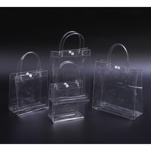 100pcs/lot Transparant PVC Gift Tote Packaging Bags With Handle Clear Plastic Handbag Fashion PVC Bags With Button