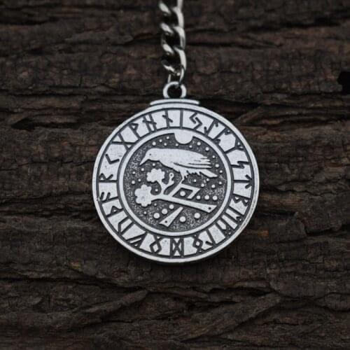 12pcs Round Vintage Nordic Viking Rune Raven Crow Keychain Religious Amulet