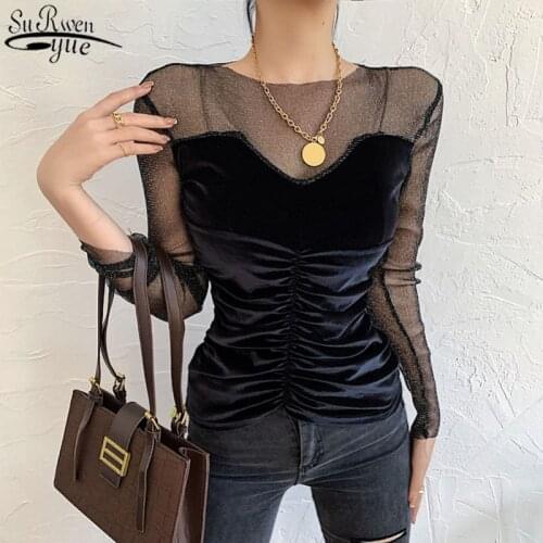 2021 Fashion Korea Mesh Women Blouse and Tops Office Lady O Neck Elegant Women Shirts Long Sleeve Solid Female Clothing 12942