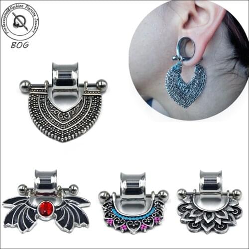 BOG-PAIR Double Flared Ear Tunnel with Lotus Flower Nipple,Adorned Teardrop Stirrup Ear Tunnel Gauge Body Ring Piercing Jewelry