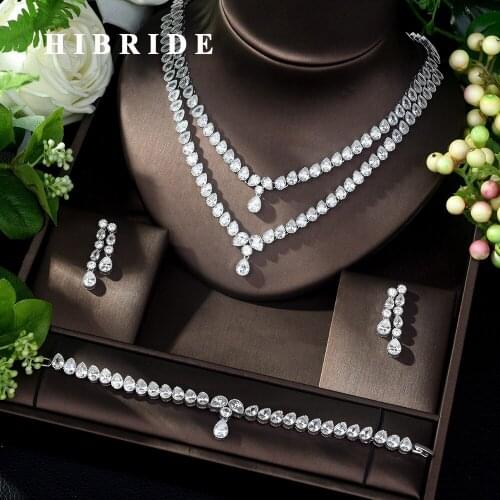 HIBRIDE Big Luxury Pendant Dubai Big Jewelry Set AAA CZ Earrings Necklace Women Bridal Jewelry Set Party Gifts N-1044