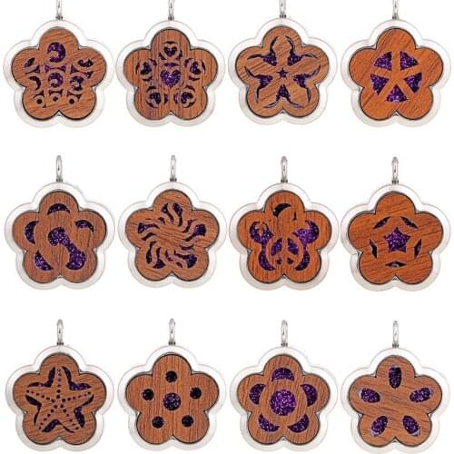 Wooden Locket Pendant Petal Flower Magnetic Closure Charms Essential Oil Diffuser Locket DIY Necklace Supplies