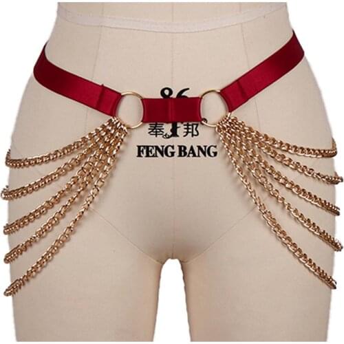 Sexy Body Chain Gold Metal Ringr Red Thigh Strappy Waist Suspender Elastic Body Harness Garter Women Bikini Club Dance