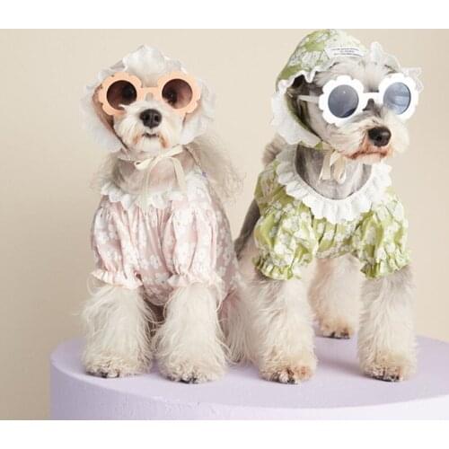 Fashion Pet Blouse Puff Sleeve Lace Dog Cats Clothes Korean Floral Shirt with Hat for Small Medium Dogs Cute Kitten Pet Costume