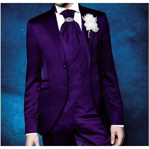 ANNIEBRITNEY Shiny Purple Men Suits Sets 2019 Wedding Prom Formal Groom Tuxedo Plus Size Slim Fit Blazer Vest Pants 3 Pieces