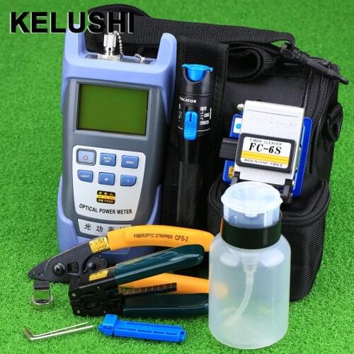 KELUSHI 9pcs/set FTTH Tool Kit with FC-6S Fiber Cleaver and Optical Power Meter 1mW Visual Fault Locator Fiber Optic Stripper
