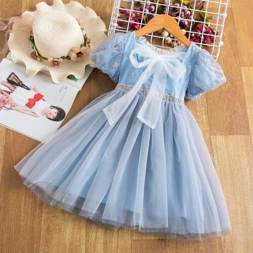 Girls Princess Dress Puffy Sleeve Tulle Bow Flower Embroidery Tutu Vestidos Kids Children Wedding Birthday Party Fairy Clothes