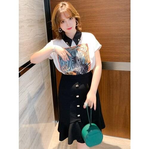 High quality Animal printed lapel chain shirt + a fishtail skirt suits the new summer