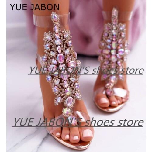 Sexy Bling Crystal PVC Straps Sandals Boots Peep Toe Buckle T-strap Rhinestone Diamond Clear High Heel Summer ankle Boots Shoes